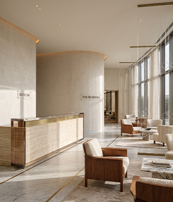 Plexiglass Maroc intégré à l’aménagement d’une réception d’hôtel contemporaine